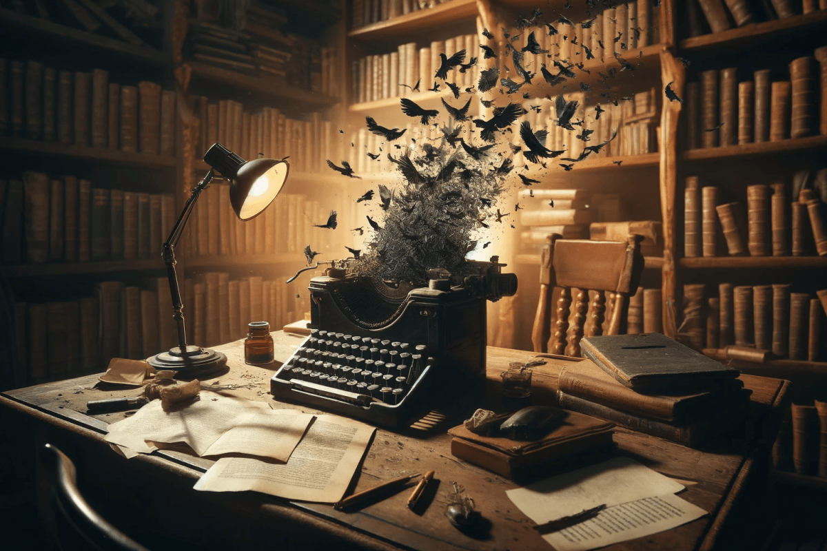 A vintage typewriter on a cluttered desk, exploding into birds as books tower around it—chaos and creativity in motion.