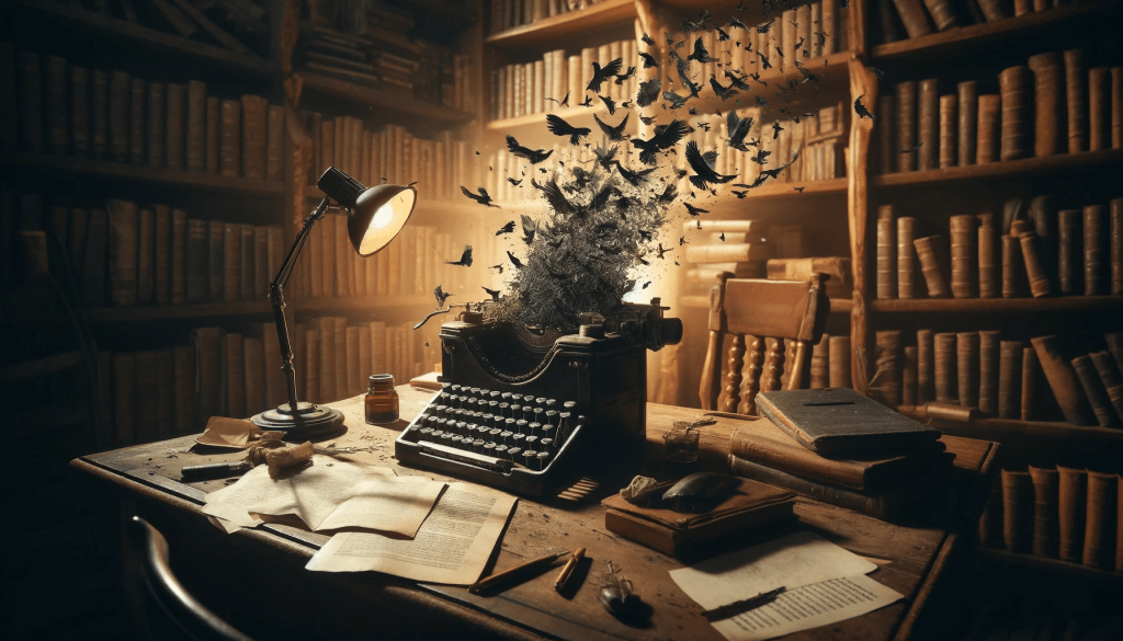 A vintage typewriter on a cluttered desk, exploding into birds as books tower around it—chaos and creativity in motion.