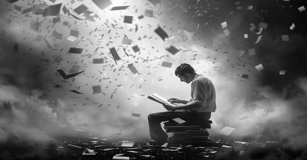 A man sits on a stack of books, reading, while pages swirl around him in a storm of chaos and creativity.